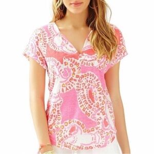 🌴LILLY PULITZER ‘Duval’ Notch Neck Linen Top in Hot Coral Trunk in Love